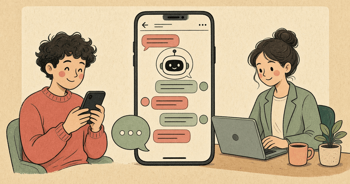Mesajlaşan aday, telefondaki AI sohbet akışı ve bilgisayar başındaki İK uzmanı